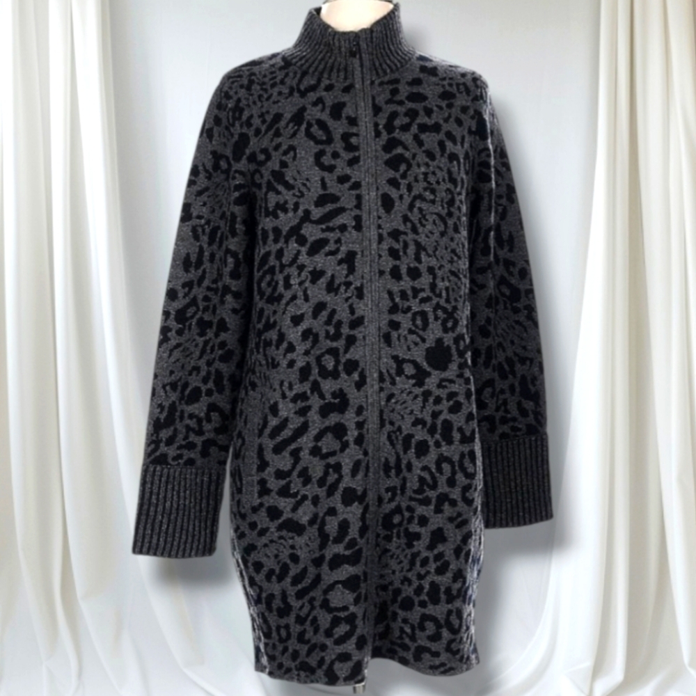 KINROSS Wool Cashmere Zip Cardigan Jacket Ribbed Cuff Leopard Animal Print